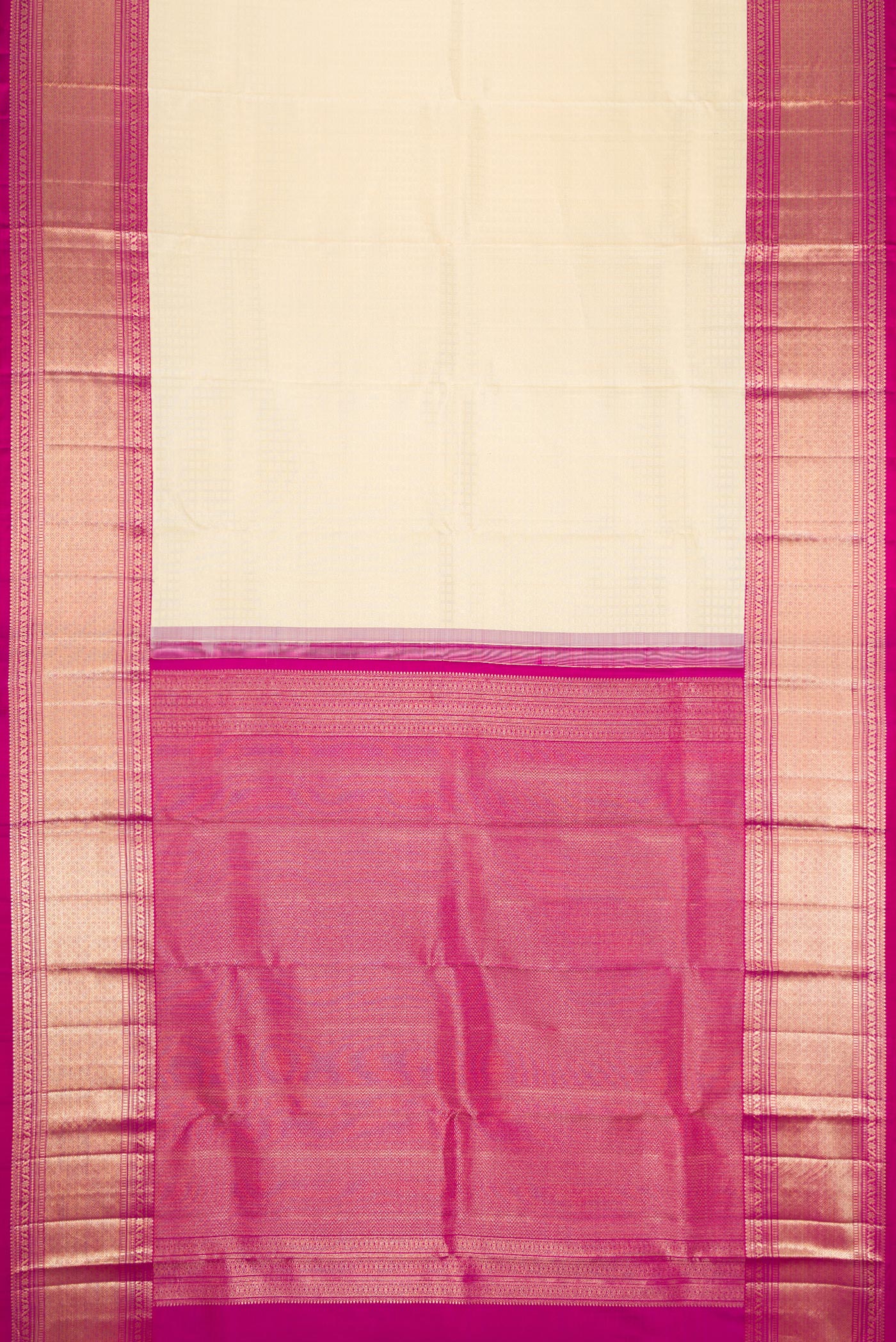 Flat view of Off White Dual Tone Kanchipuram Silk Saree with Zari Brocade on the body and Zari Border. 