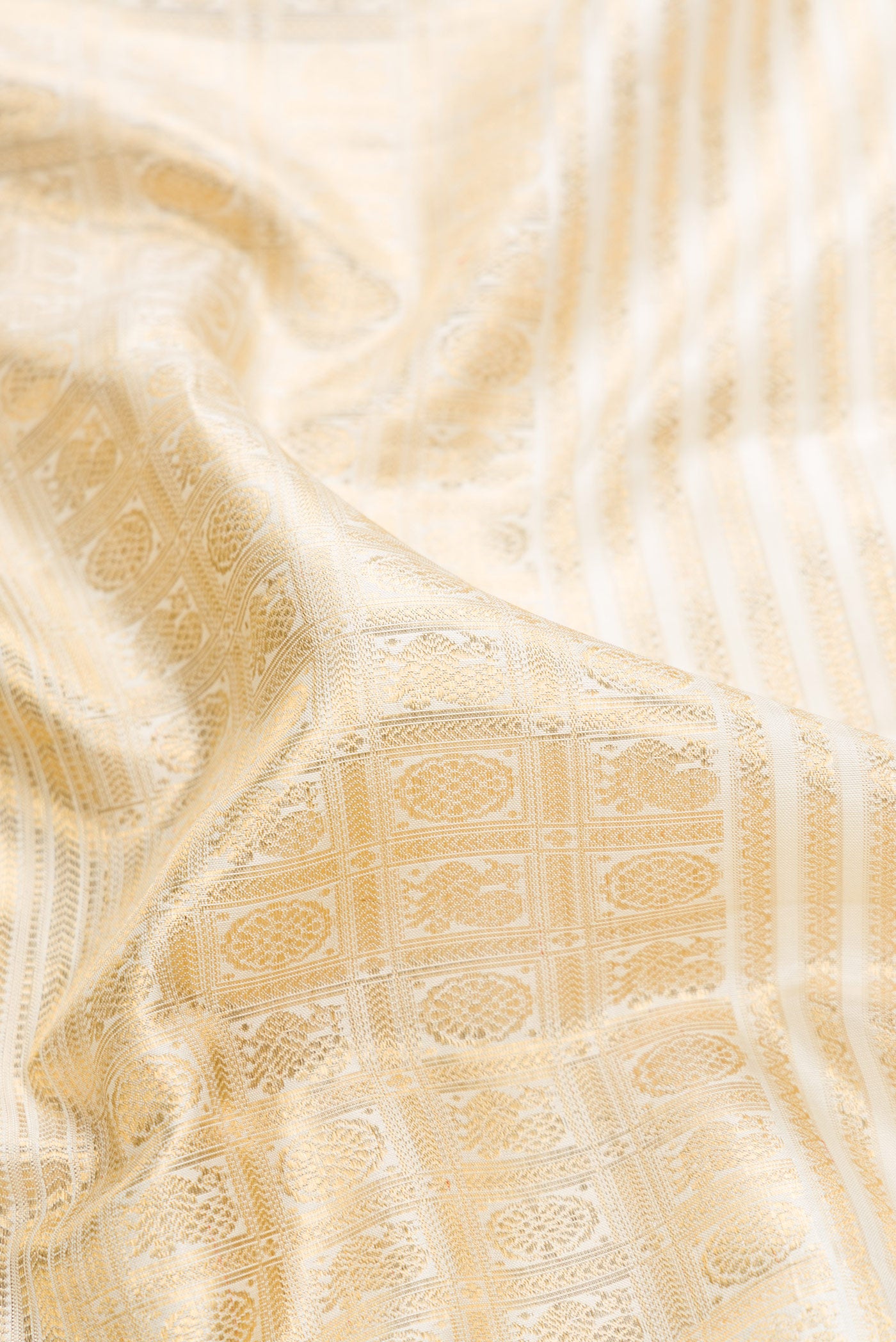 Close up of Off White Dual Tone Kanjivaram Silk Saree with Zari Brocade on the body and Zari Border.  displaying folds