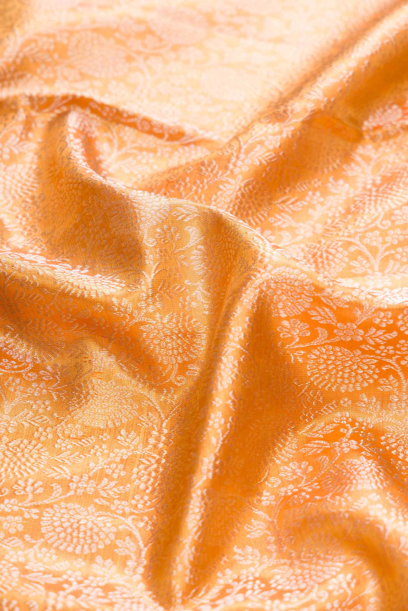 Close up of Gold Dual Tone Kanchipuram Silk Saree with Zari Brocade on the body and Zari Border displaying folds