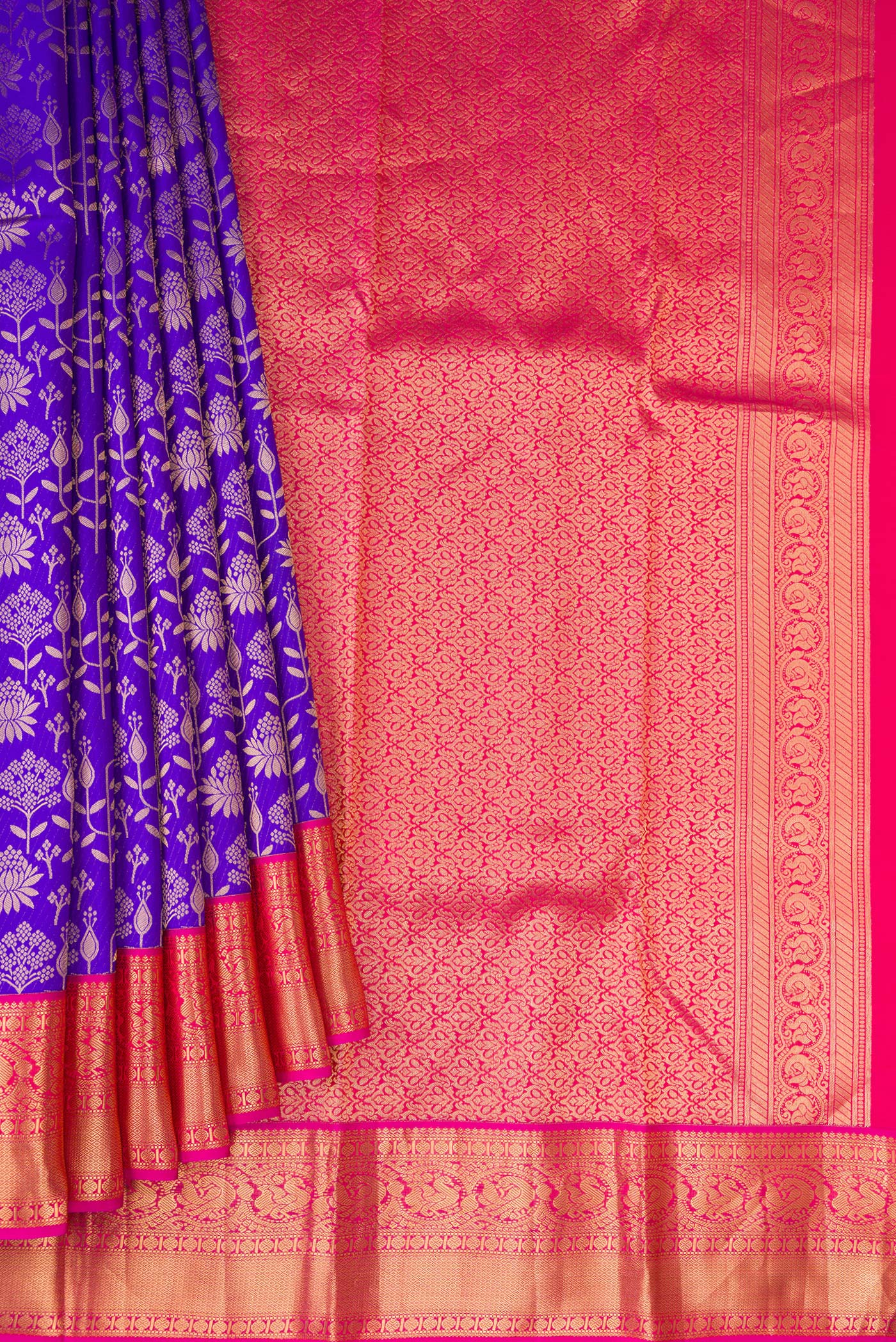 Pleats and pallu of Royal Blue Kanjivaram Silk Saree with Zari Brocade on the body and Zari Border. 