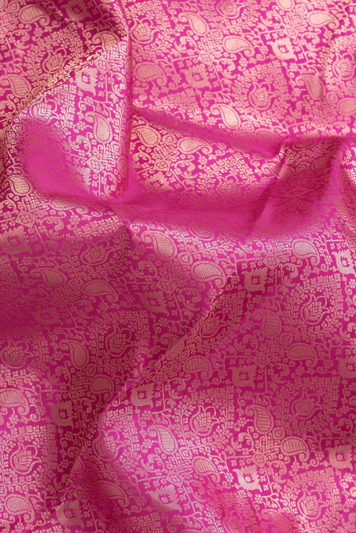 Close up of Pink Dual Tone Kanjivaram Silk Saree with Zari Brocade on the body and Zari Border.  displaying folds