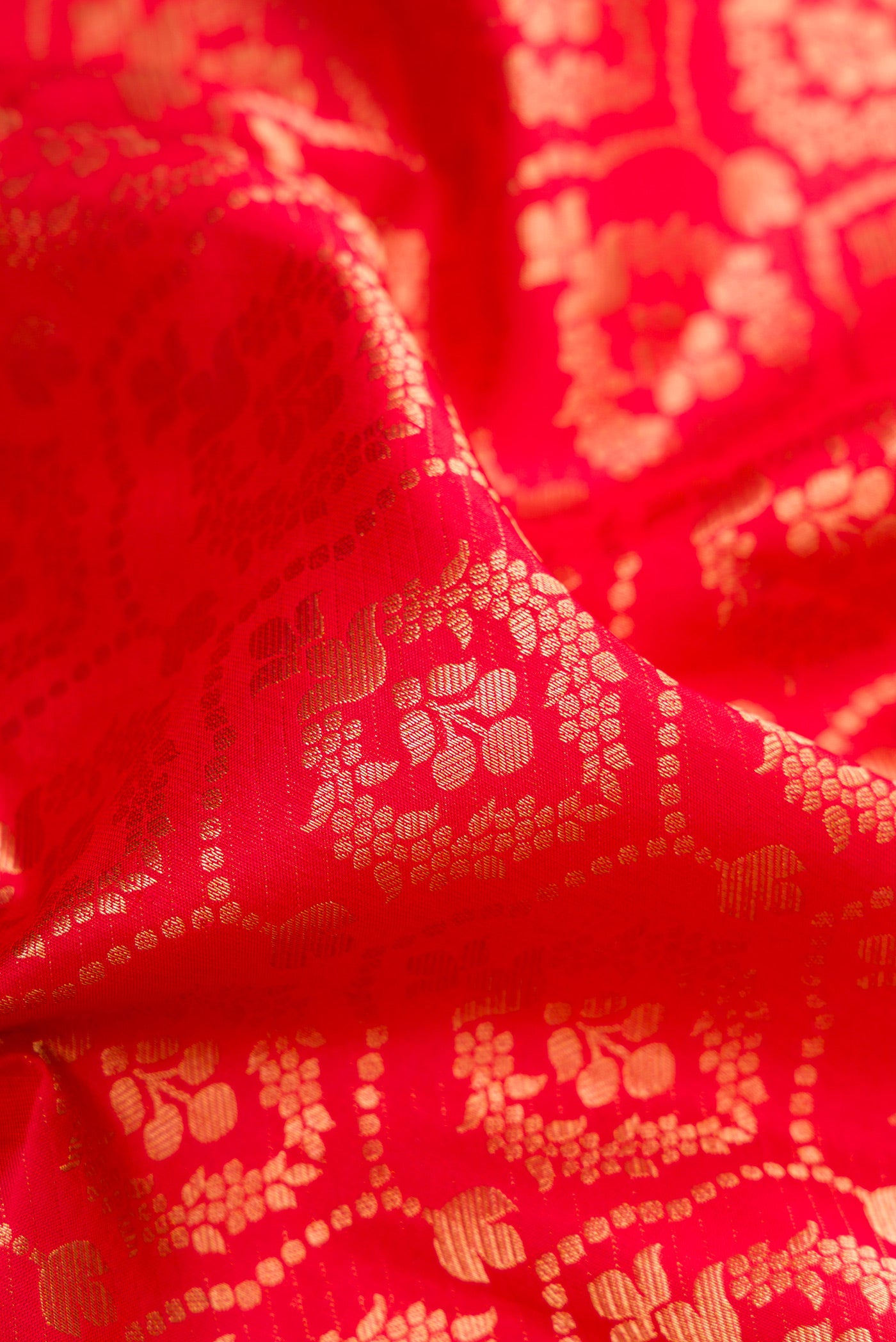 Close up of Red Kanjivaram Silk Saree with Zari Brocade on the body and Zari Border.  displaying folds