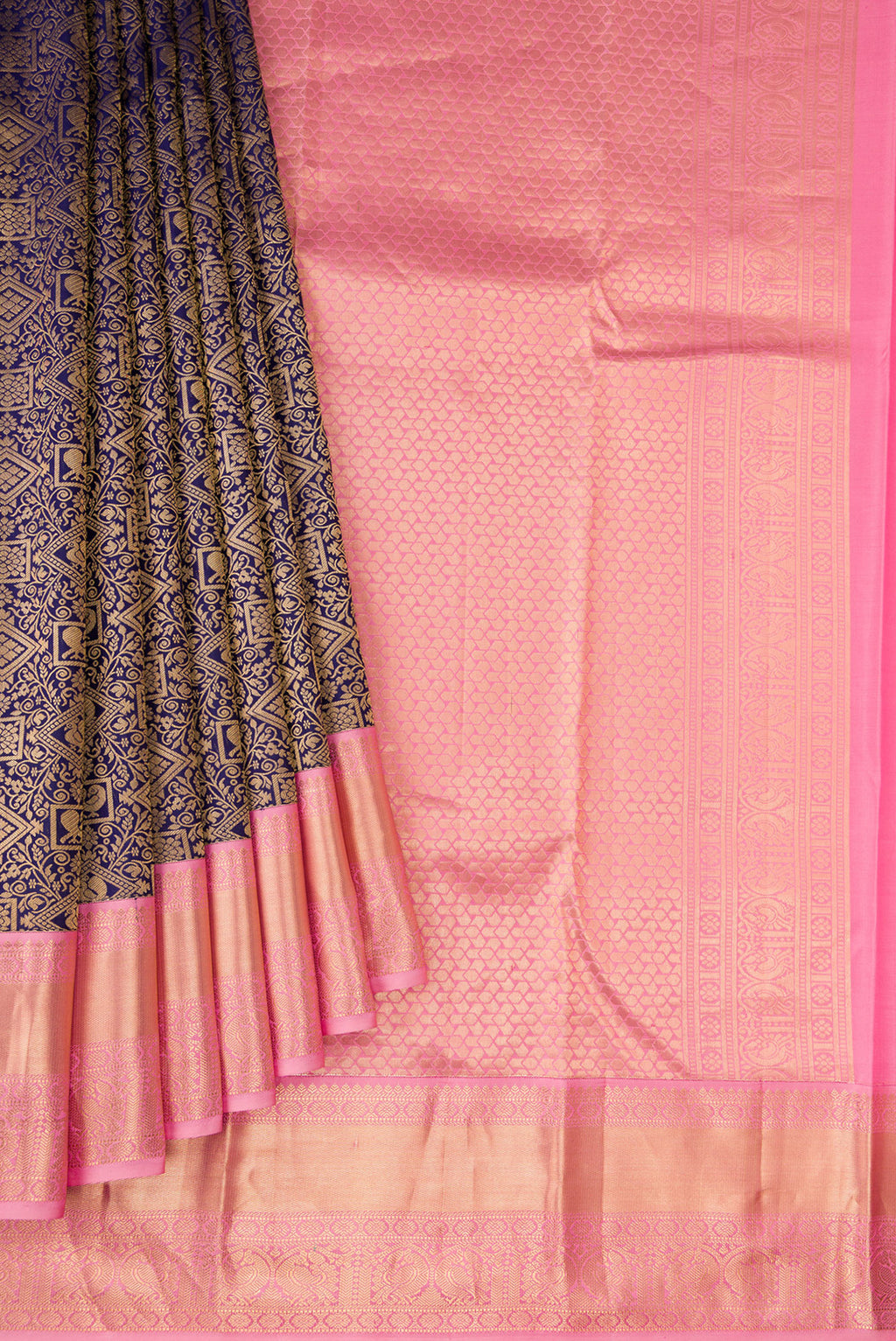 Pleats and pallu of Navy Blue Kanjivaram Silk Saree with Zari Brocade on the body and Zari Border. 