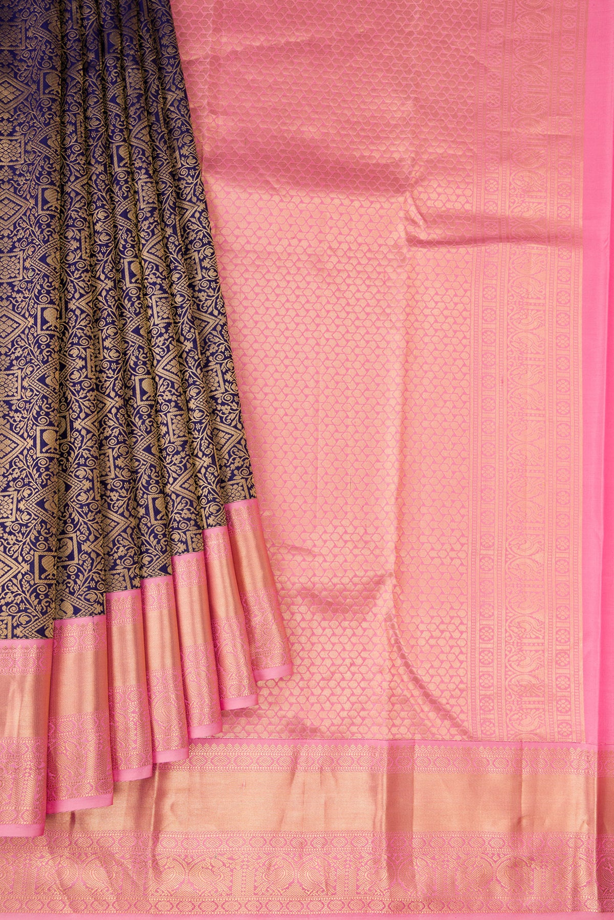 Pleats and pallu of Navy Blue Kanjivaram Silk Saree with Zari Brocade on the body and Zari Border. 