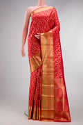 Dark Pink Dual Tone Kanchipuram Silk Saree with Zari Brocade on the body and Zari Border.  displayed on a mannequin