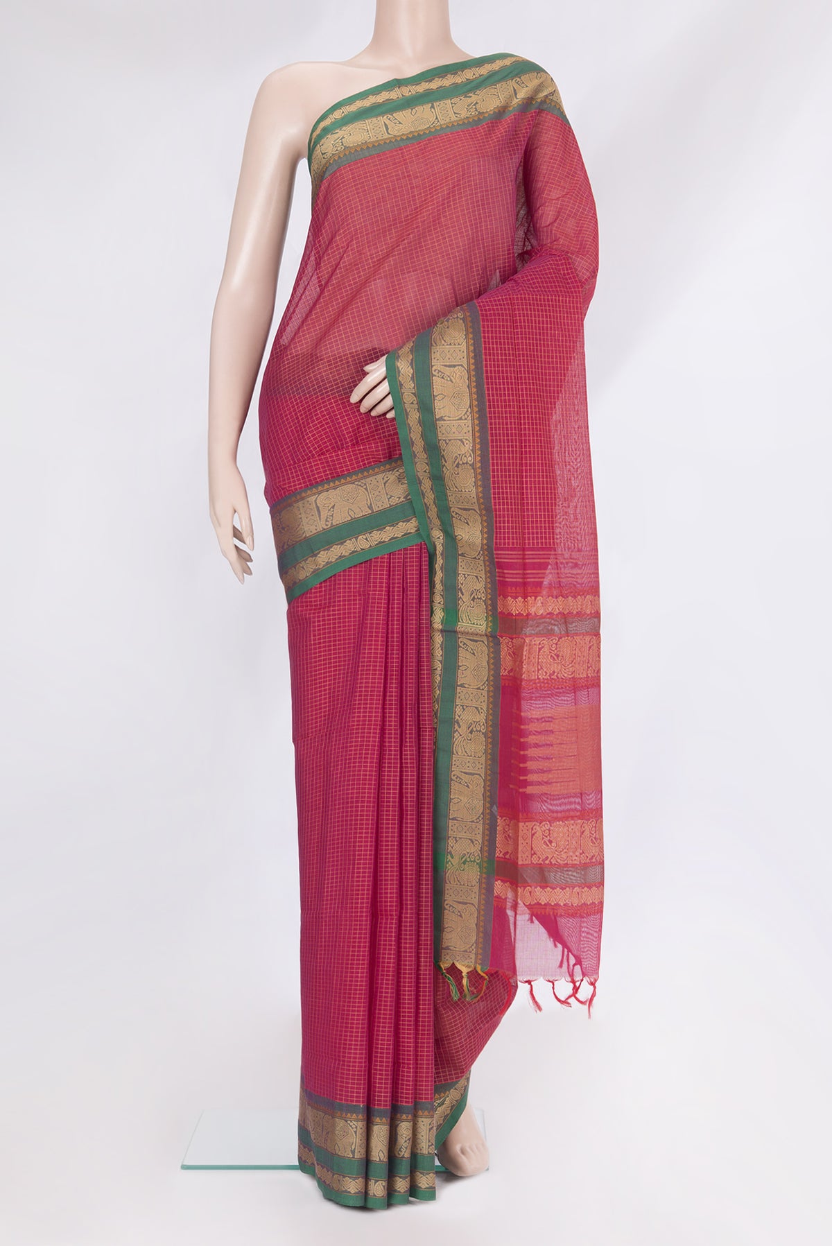 Red Coimbatore Cotton Saree with Checked design on the body and Thread Border.  displayed on a mannequin