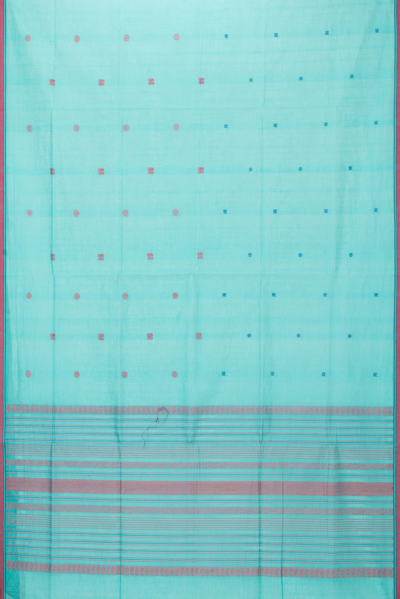 Flat view of Sky Blue Coimbatore Cotton Saree with Thread Butta on the body and Thread Border. 