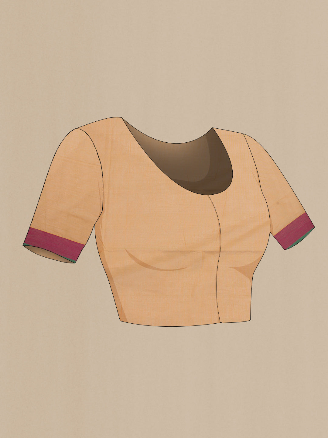 Close up image of the blouse of Beige Coimbatore Cotton Saree with Stripes on the body and Thread Border. 