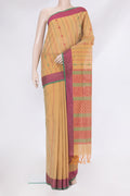 Beige Coimbatore Cotton Saree with Stripes on the body and Thread Border.  displayed on a mannequin