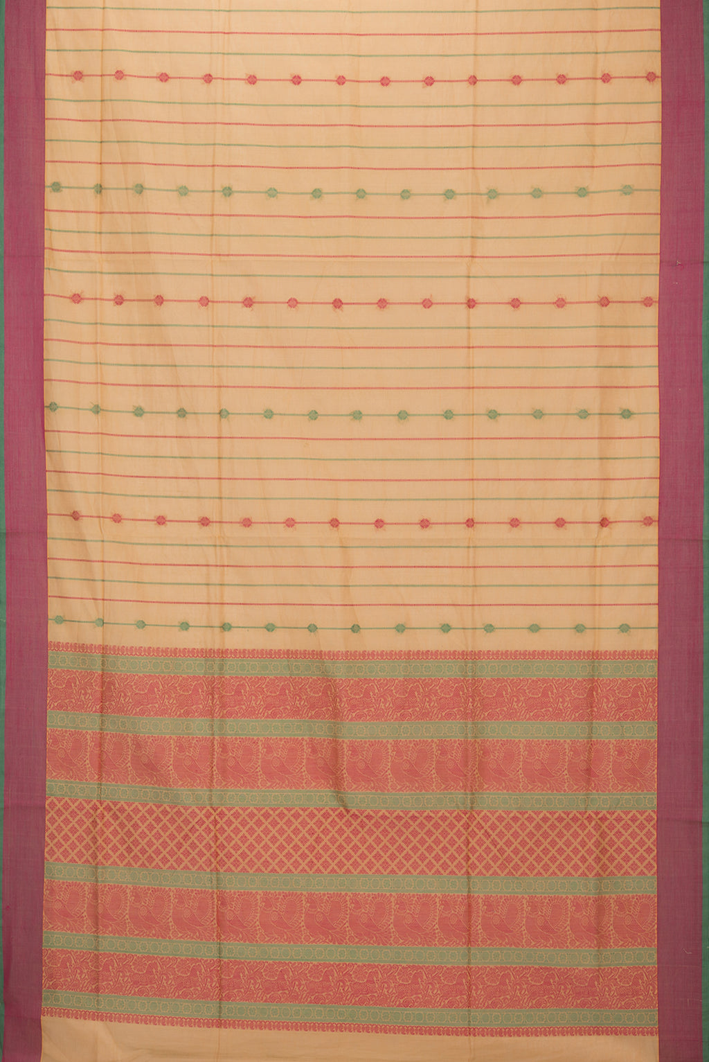 Flat view of Beige Coimbatore Cotton Saree with Stripes on the body and Thread Border. 