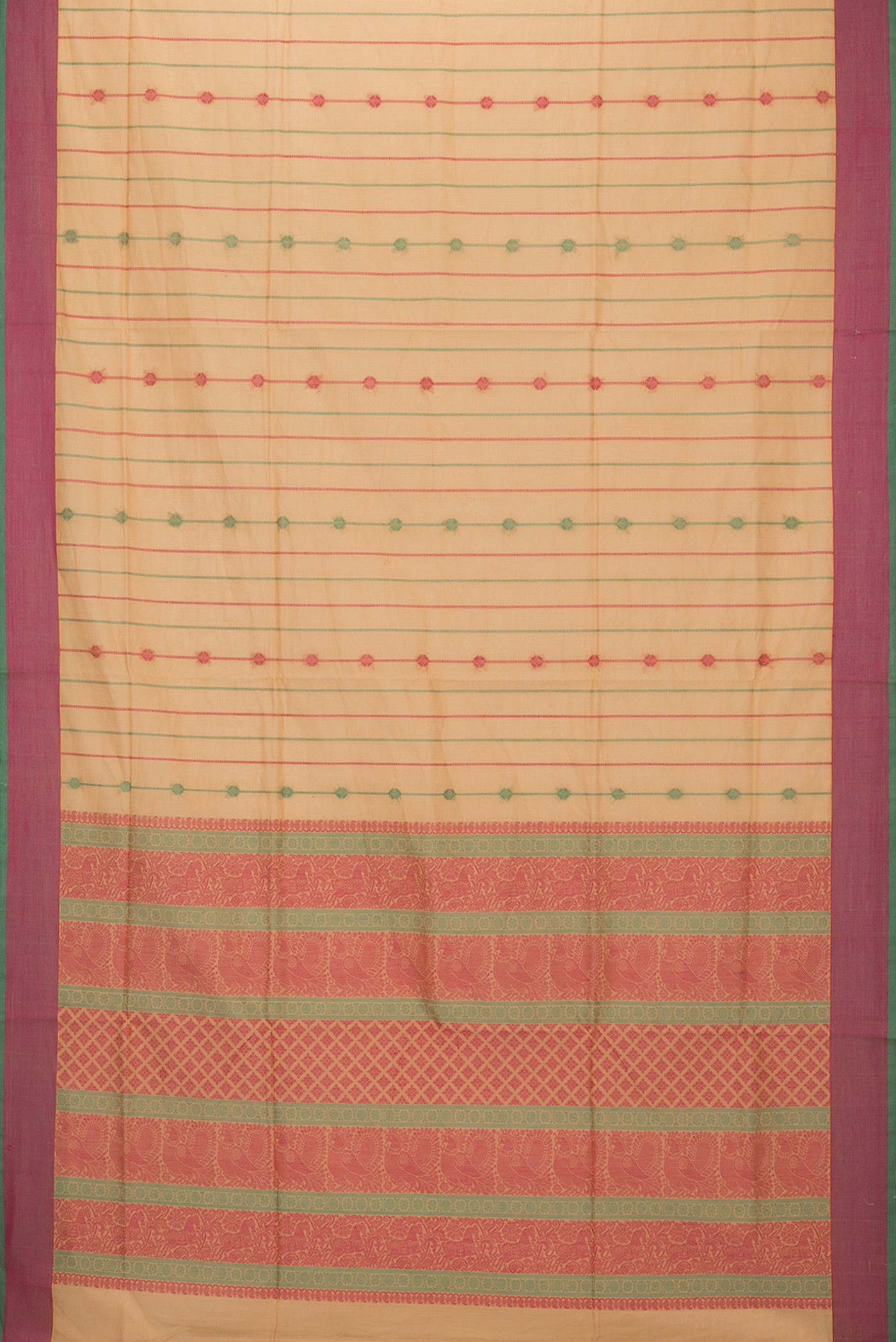 Flat view of Beige Coimbatore Cotton Saree with Stripes on the body and Thread Border. 