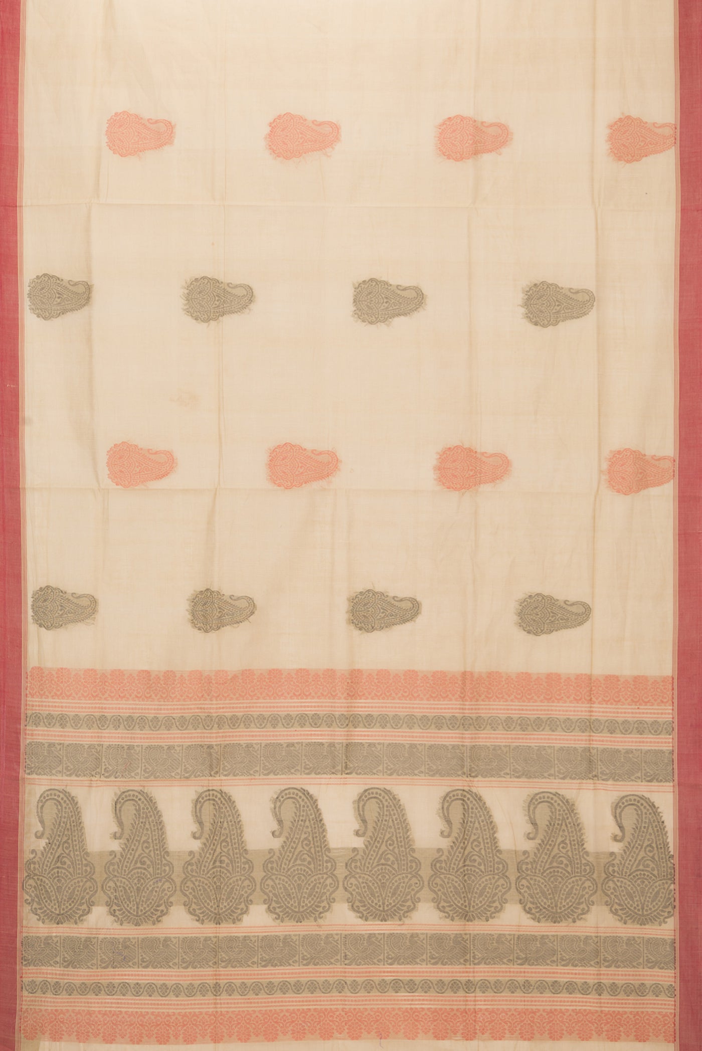 Flat view of Dark Beige Coimbatore Cotton Saree with Thread Butta on the body and Thread Border. 