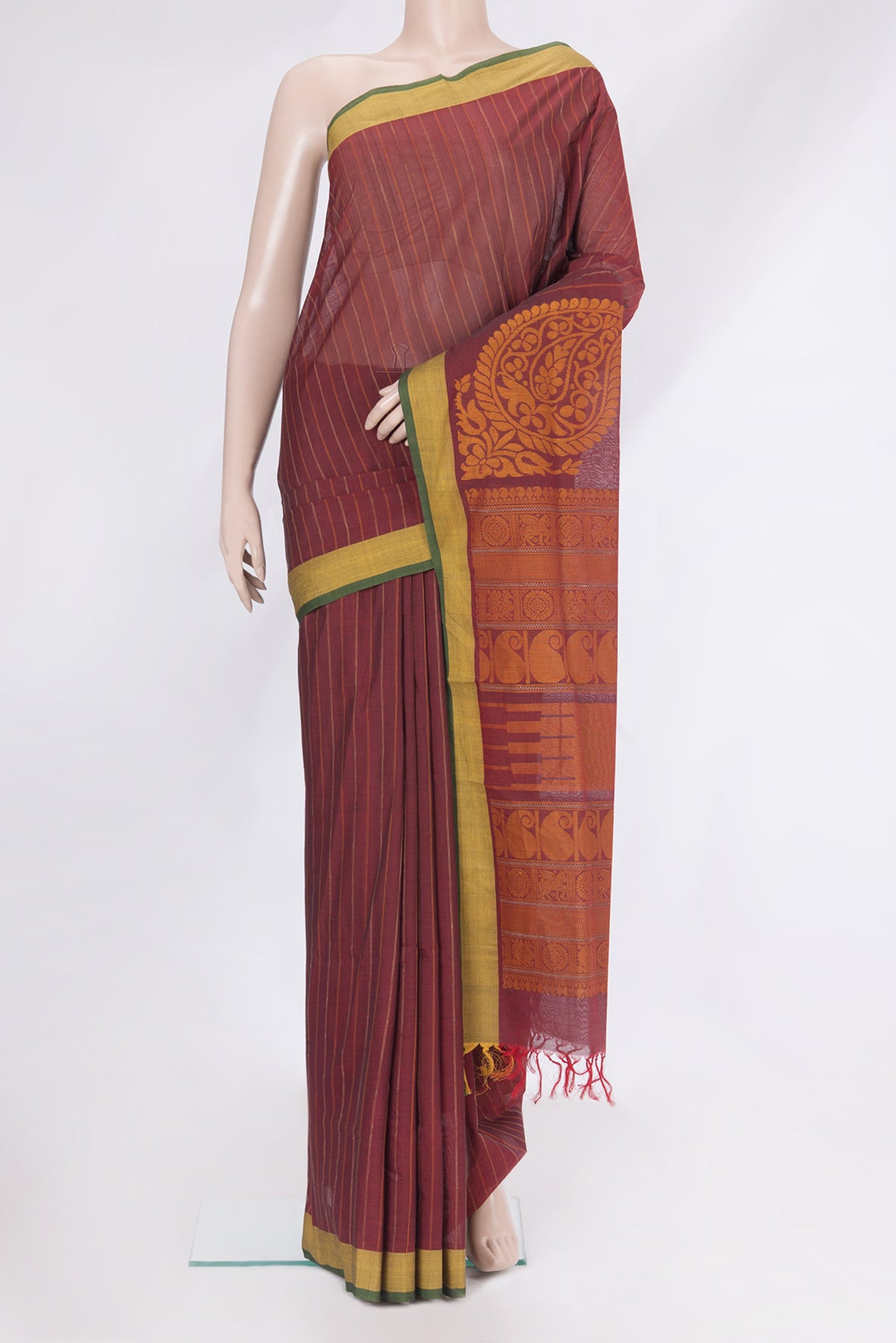Maroon Coimbatore Cotton Saree with Stripes on the body and Plain Border.  displayed on a mannequin