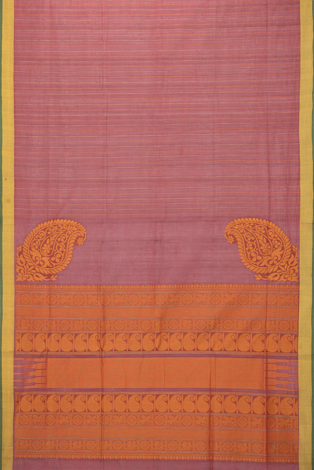 Flat view of Maroon Coimbatore Cotton Saree with Stripes on the body and Plain Border. 