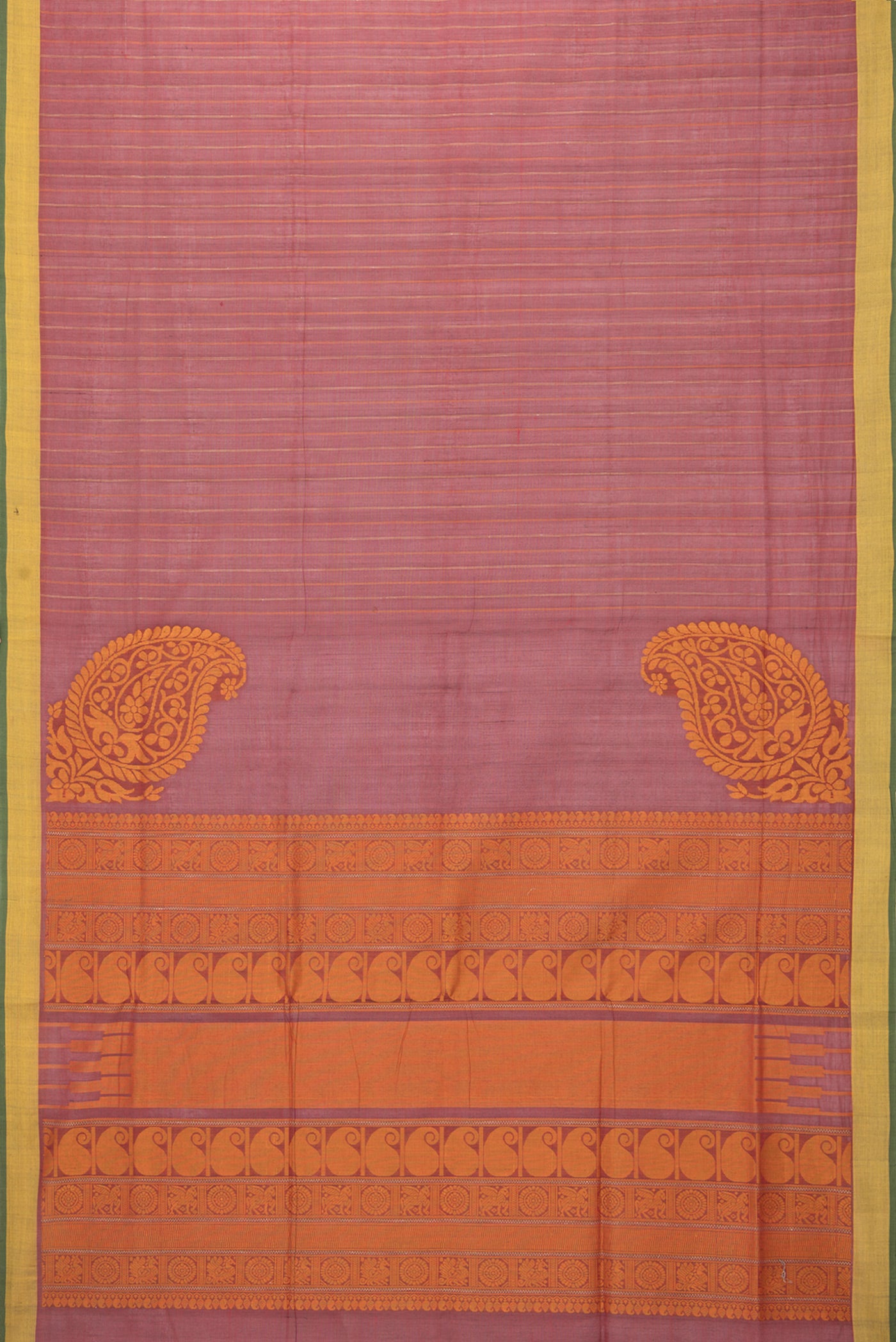 Flat view of Maroon Coimbatore Cotton Saree with Stripes on the body and Plain Border. 