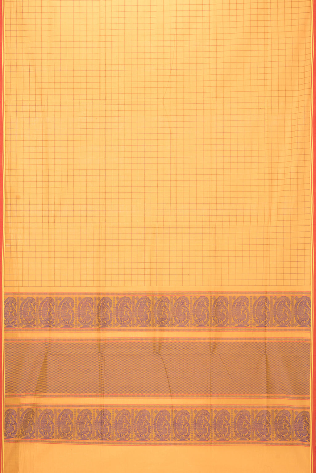 Flat view of Yellow Coimbatore Cotton Saree with Checked design on the body and Plain Border. 