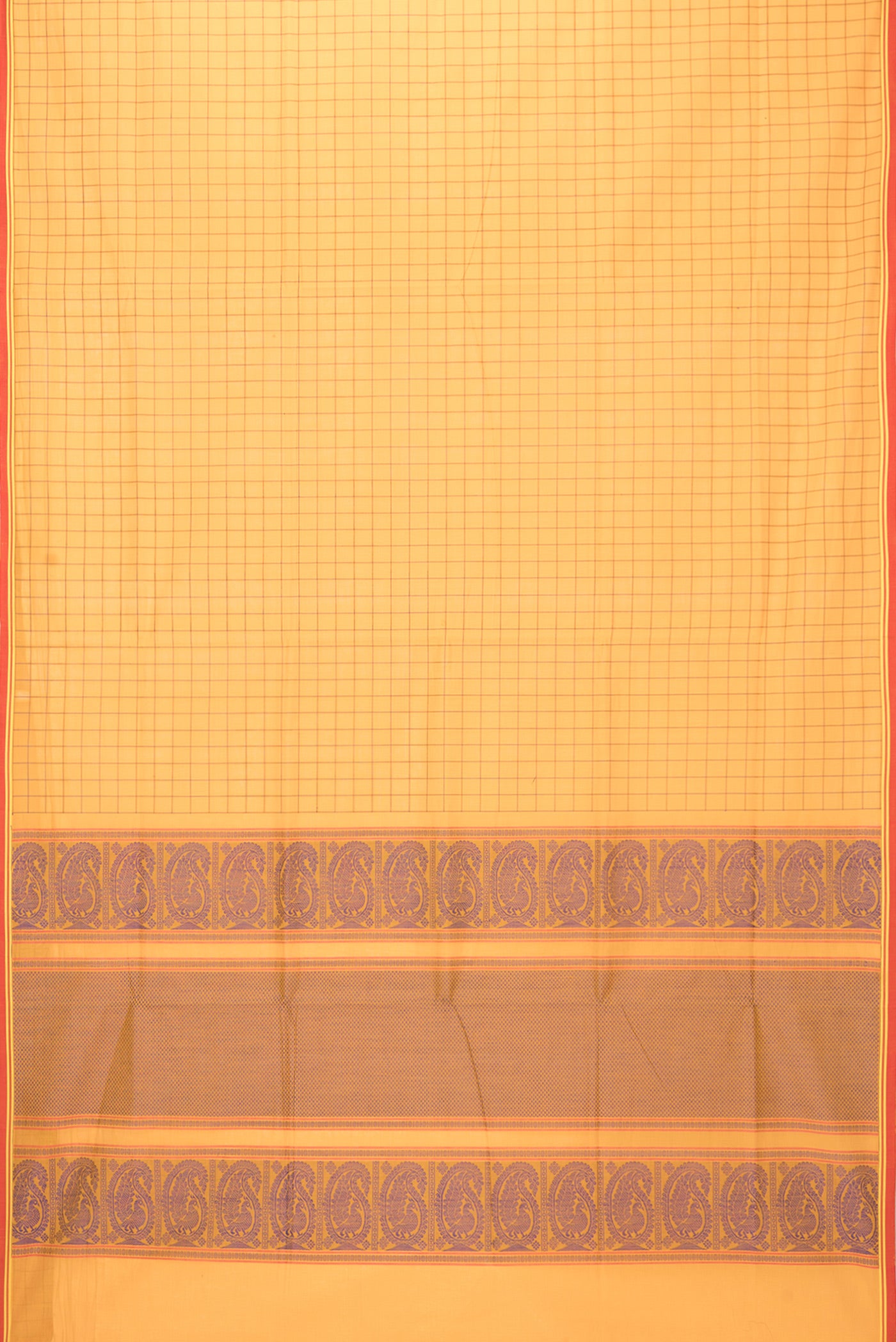 Flat view of Yellow Coimbatore Cotton Saree with Checked design on the body and Plain Border. 