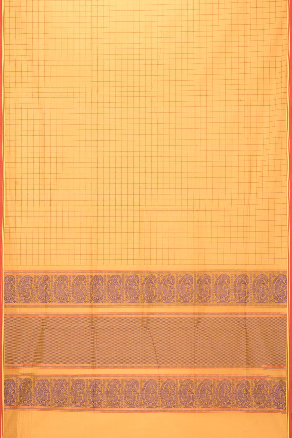 Flat view of Yellow Coimbatore Cotton Saree with Checked design on the body and Plain Border. 