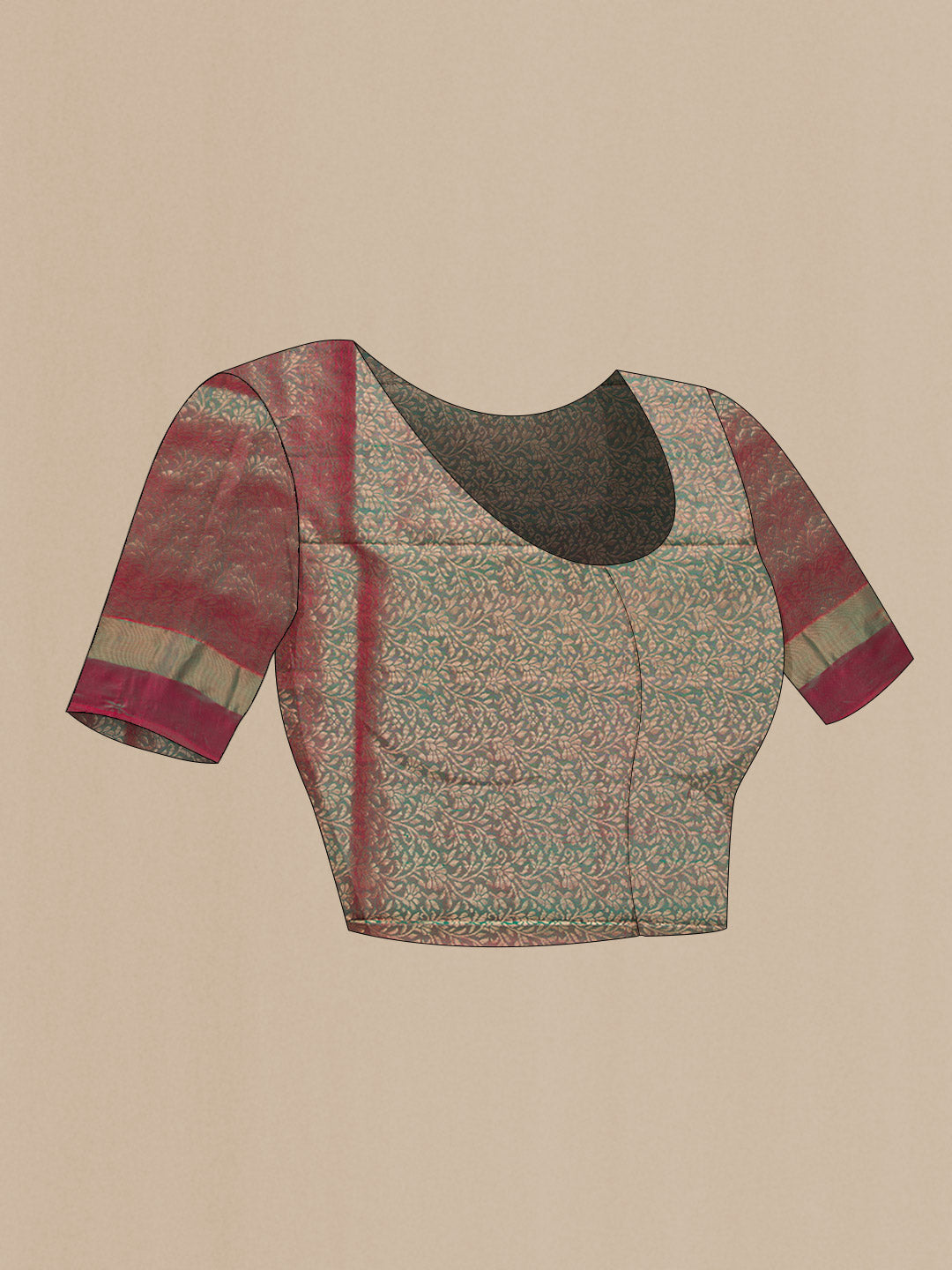 Close up image of the blouse of Green Dual Tone Soft Silk Saree with Zari Butta on the body and Zari Border