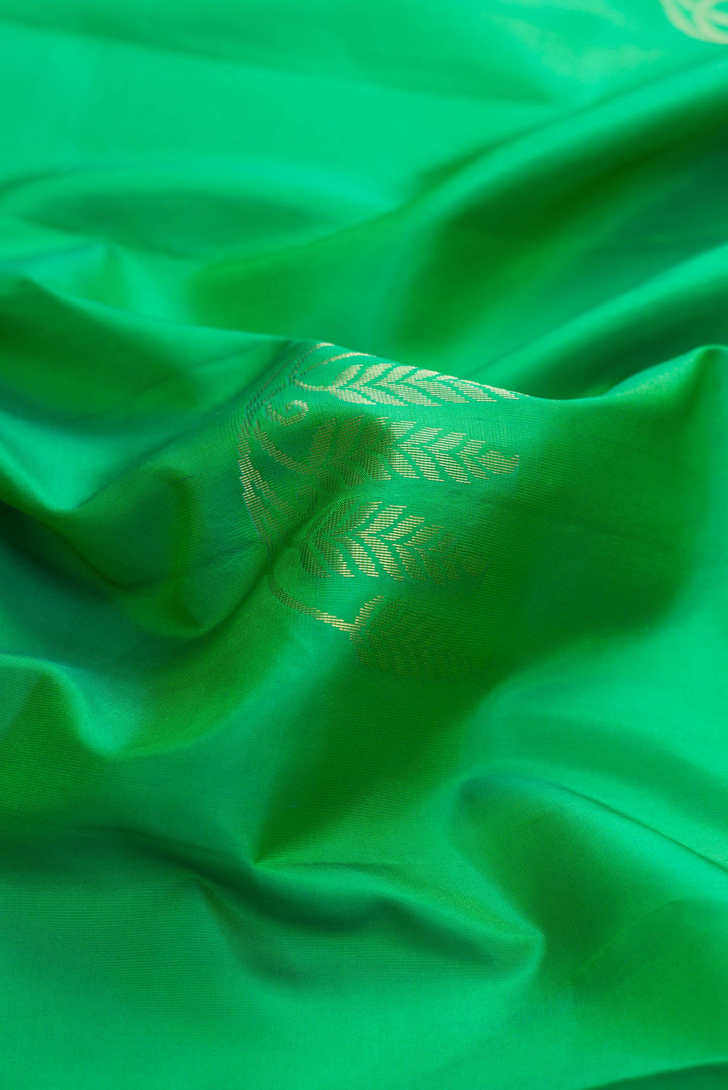 Close up of Green Dual Tone Soft Silk Saree with Zari Butta on the body and Zari Border displaying folds