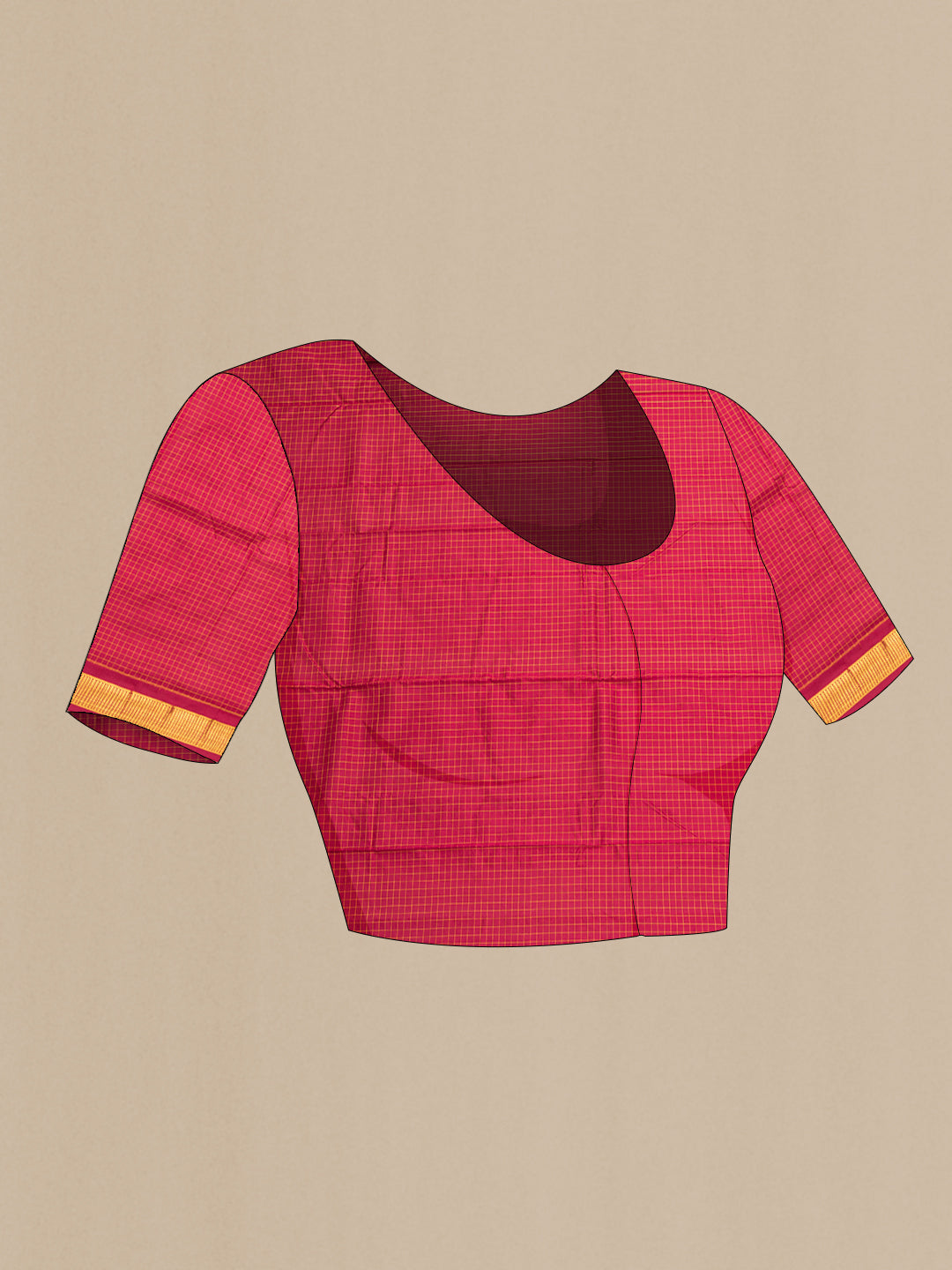 Close up image of the blouse of Pure Silk Red Kanchipuram Saree with Checked design on the body and Zari Border. 
