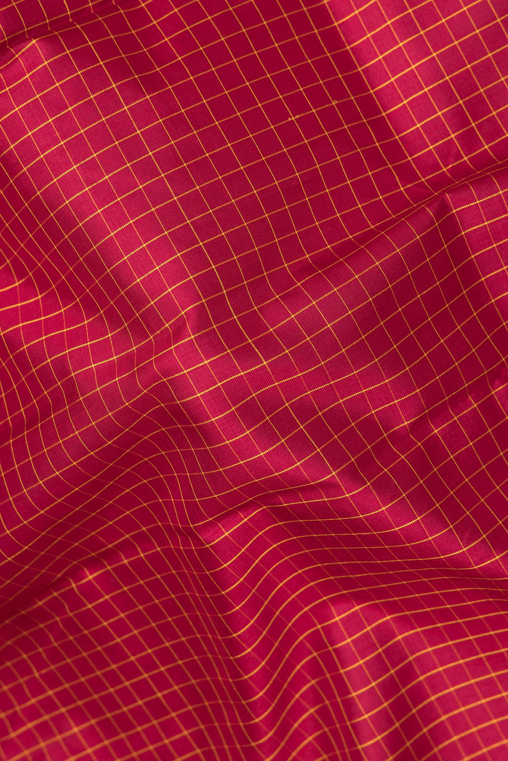 Close up of Pure Silk Red Kanchipuram Saree with Checked design on the body and Zari Border.  displaying folds