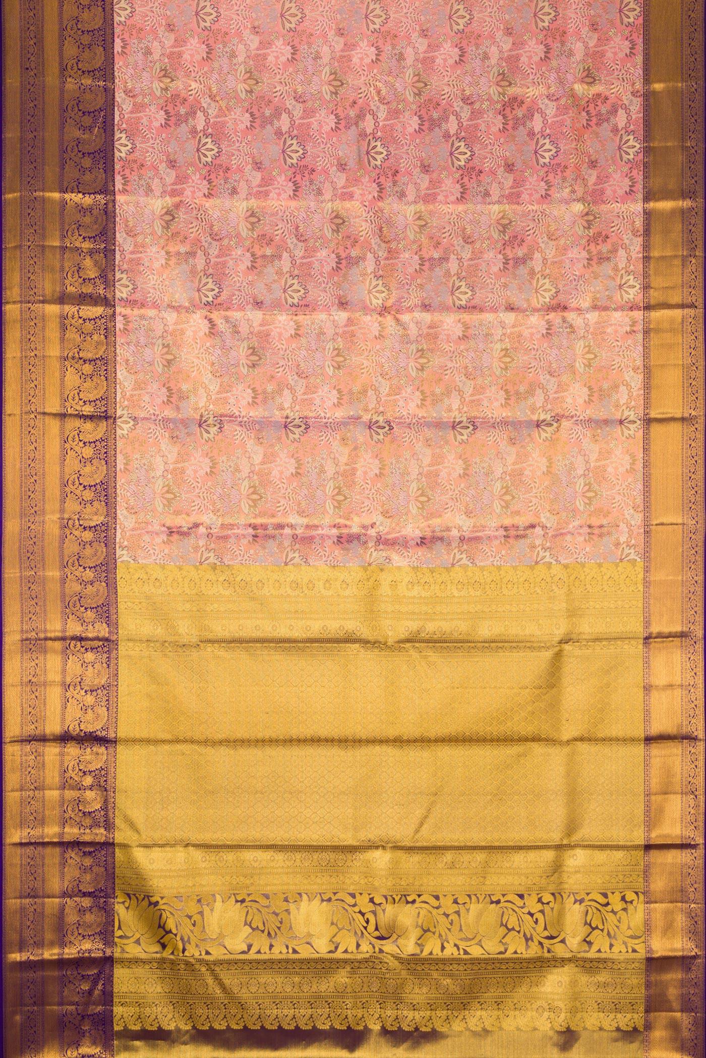 Flat view of Pink Dual Tone Kanchipuram Tissue Silk Saree with Zari Brocade on the body and Zari Border. 