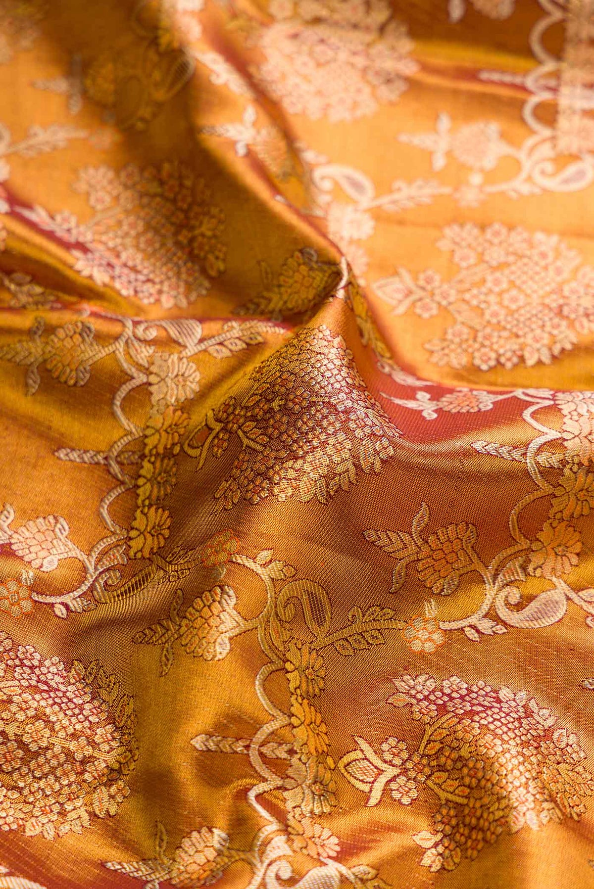 Close up of Gold Dual Tone Kanchipuram Tissue Silk Saree with Zari Brocade on the body and Zari Border displaying folds