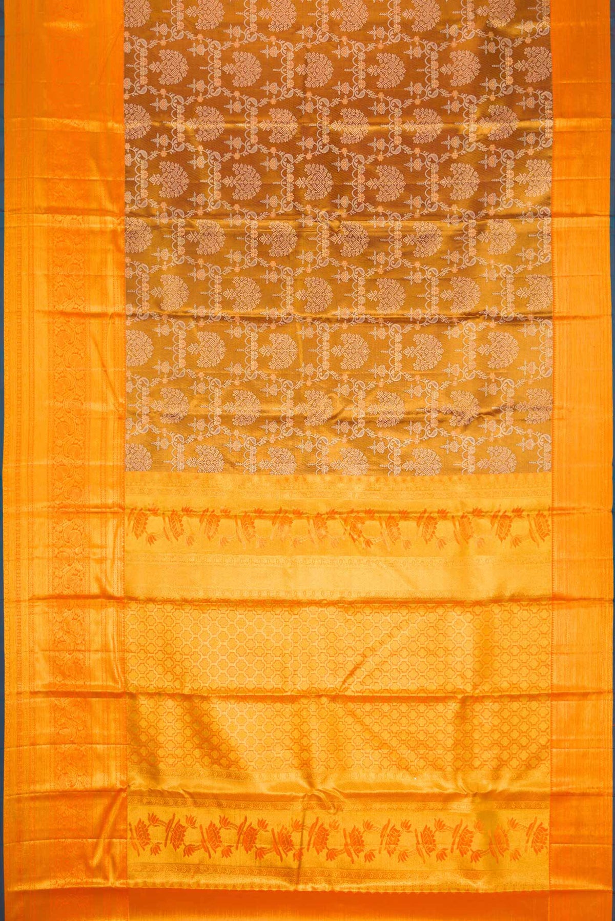 Flat view of Gold Dual Tone Kanchipuram Tissue Silk Saree with Zari Brocade on the body and Zari Border
