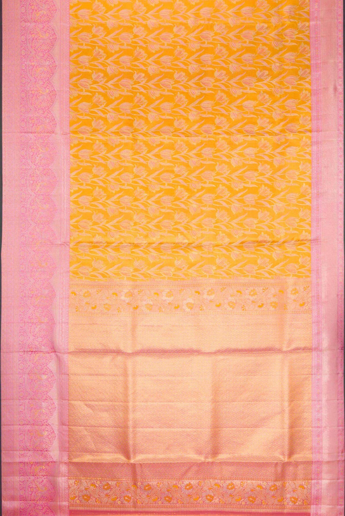Flat view of Mustard Dual Tone Kanchipuram Tissue Silk Saree with Zari Brocade on the body and Zari Border