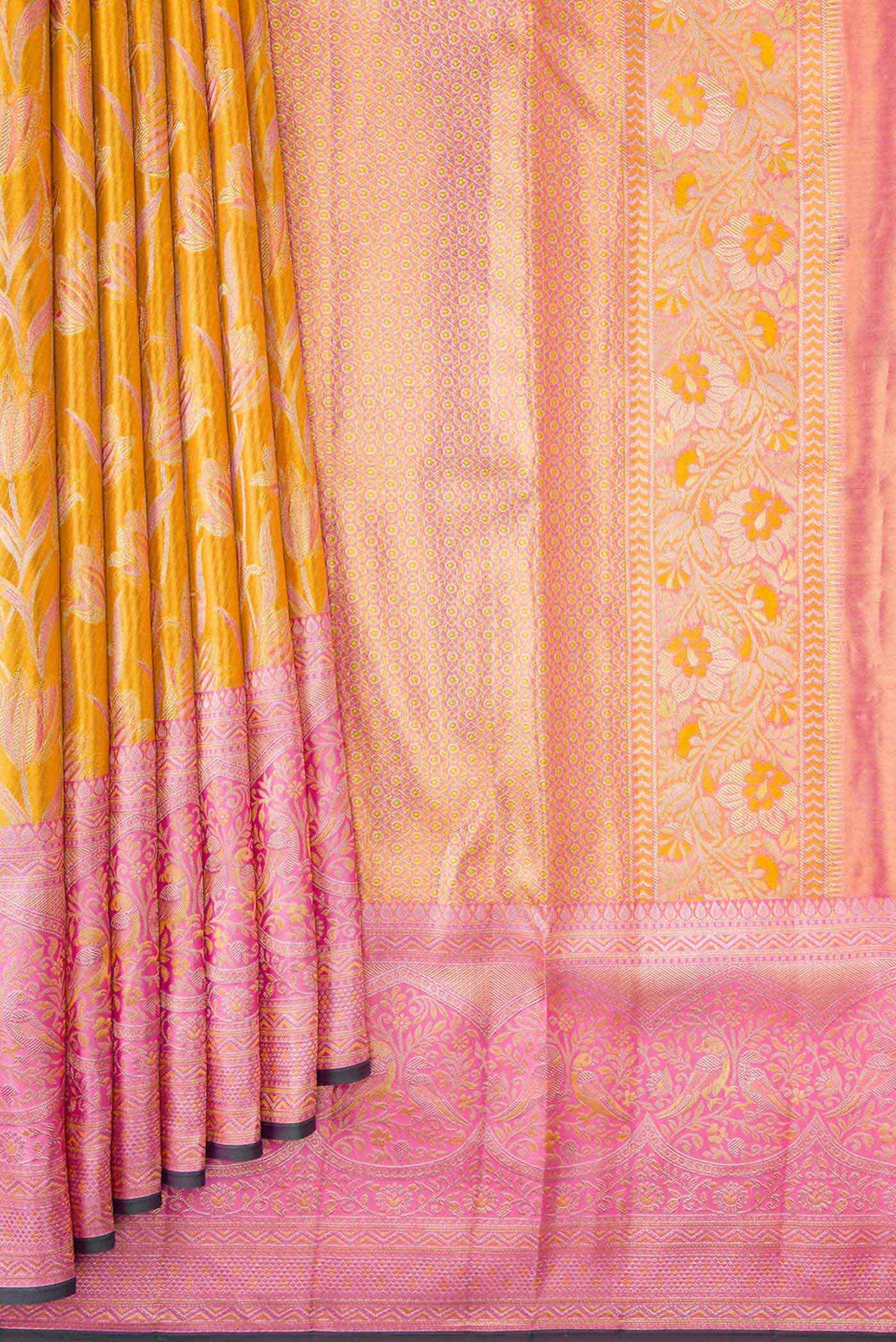 Pleats and pallu of Mustard Dual Tone Kanchipuram Tissue Silk Saree with Zari Brocade on the body and Zari Border