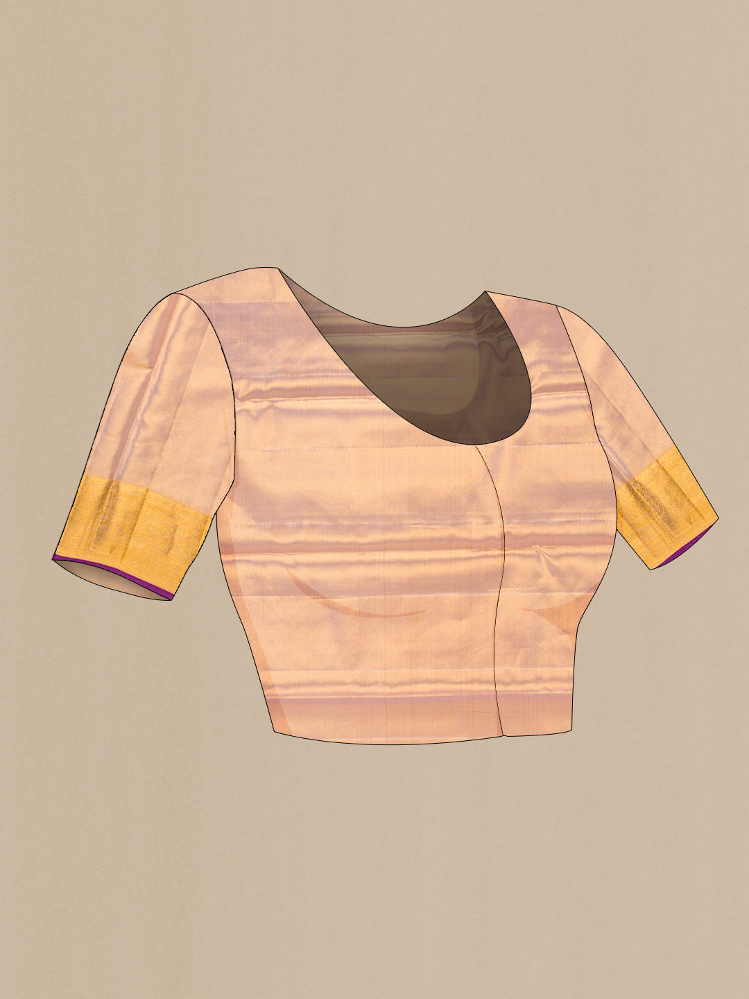 Close up image of the blouse of Rose Gold Dual Tone Kanchipuram Tissue Silk Saree with Zari Brocade on the body and Zari Border. 
