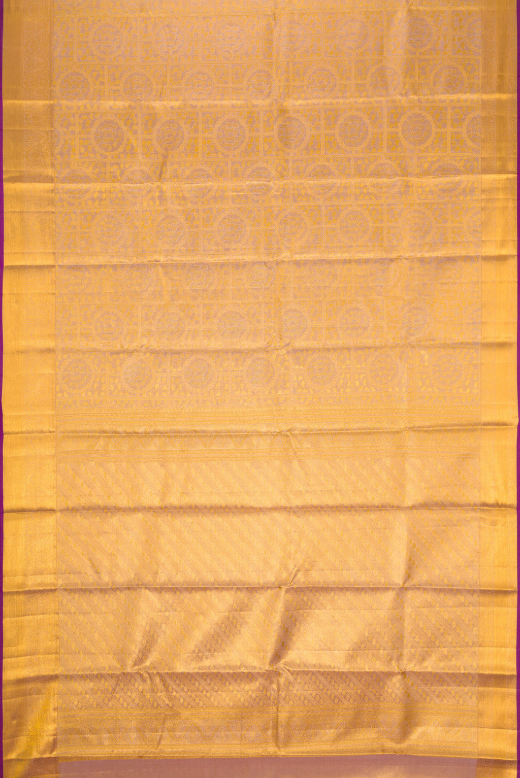 Flat view of Rose Gold Dual Tone Kanchipuram Tissue Silk Saree with Zari Brocade on the body and Zari Border. 