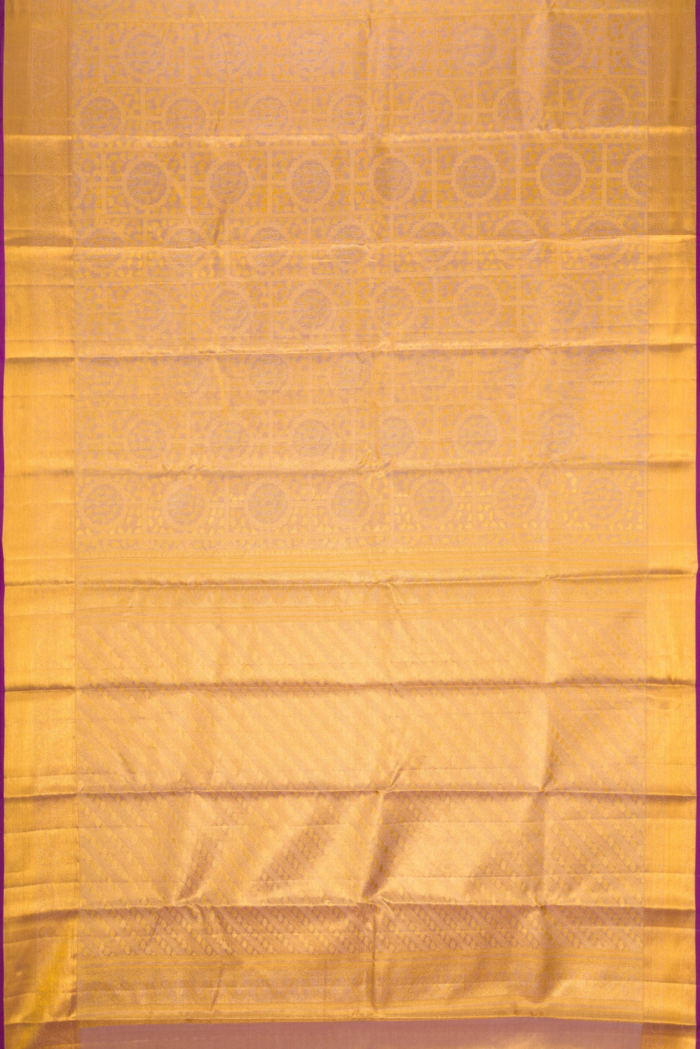 Flat view of Rose Gold Dual Tone Kanchipuram Tissue Silk Saree with Zari Brocade on the body and Zari Border. 