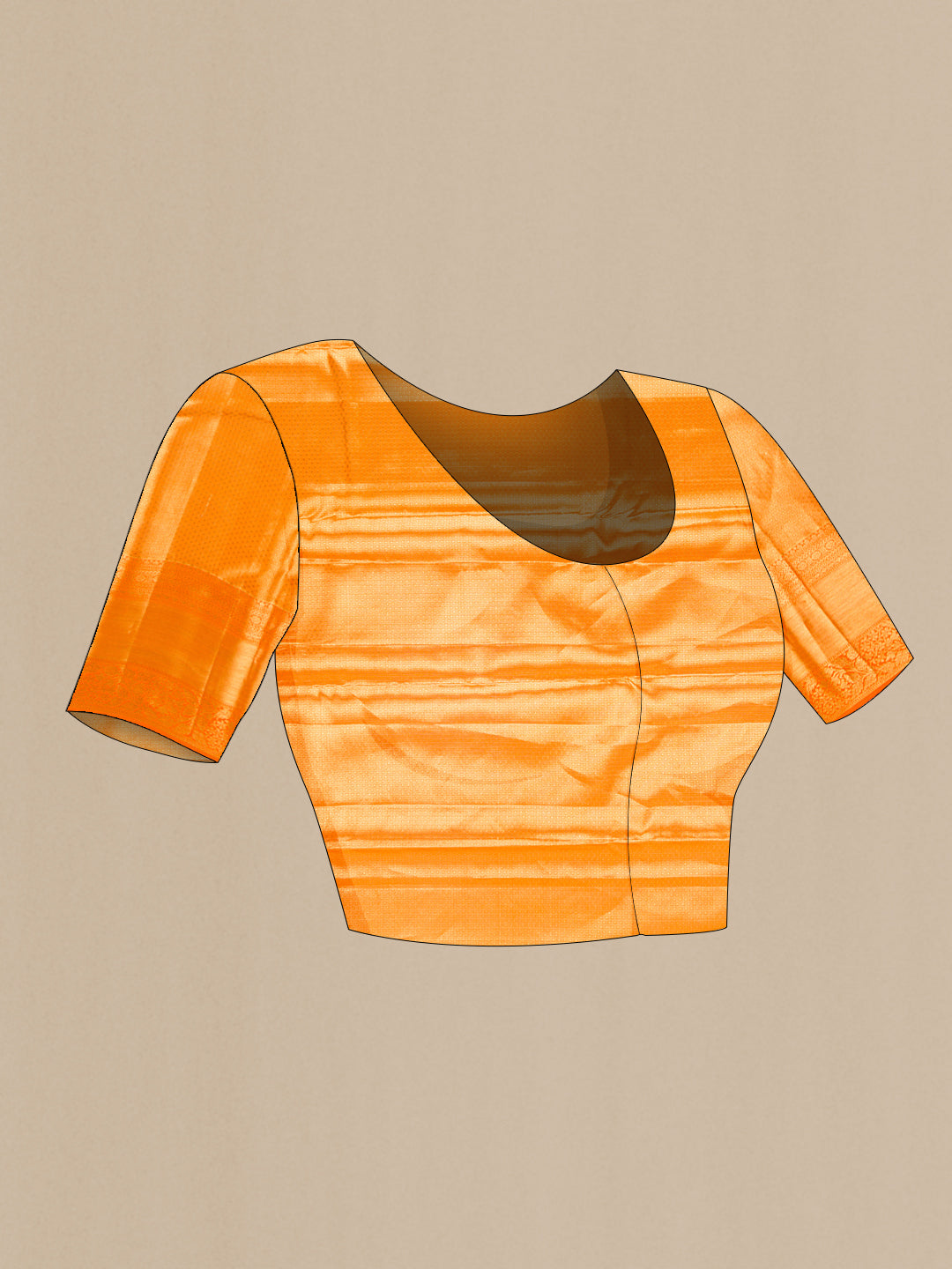 Close up image of the blouse of Orange Dual Tone Kanchipuram Tissue Silk Saree with Zari Brocade on the body and Zari Border. 