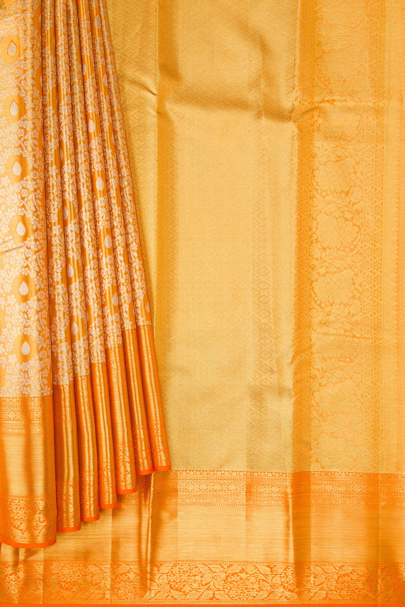 Pleats and pallu of Orange Dual Tone Kanchipuram Tissue Silk Saree with Zari Brocade on the body and Zari Border. 