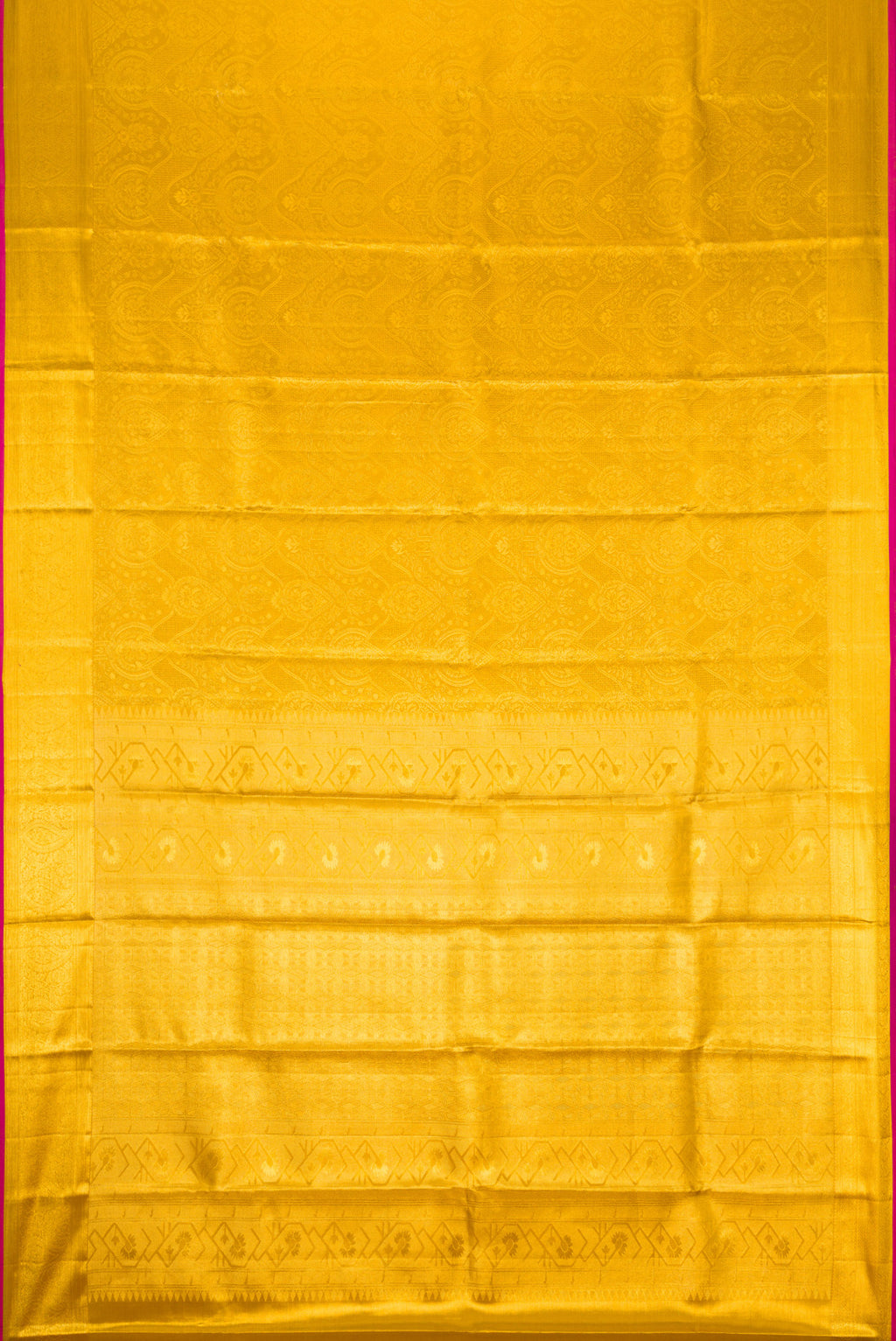 Flat view of Gold Dual Tone Kanchipuram Tissue Silk Saree with Zari Brocade on the body and Zari Border. 