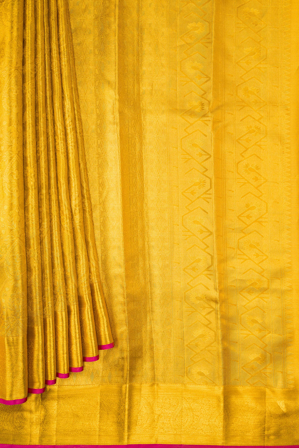 Pleats and pallu of Gold Dual Tone Kanchipuram Tissue Silk Saree with Zari Brocade on the body and Zari Border. 