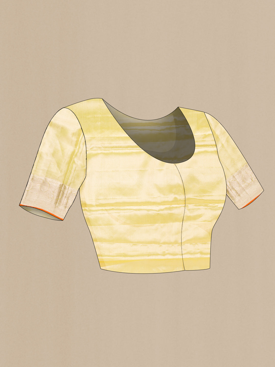 Close up image of the blouse of Lemon Yellow Dual Tone Kanchipuram Tissue Silk Saree with Zari Brocade on the body and Zari Border. 