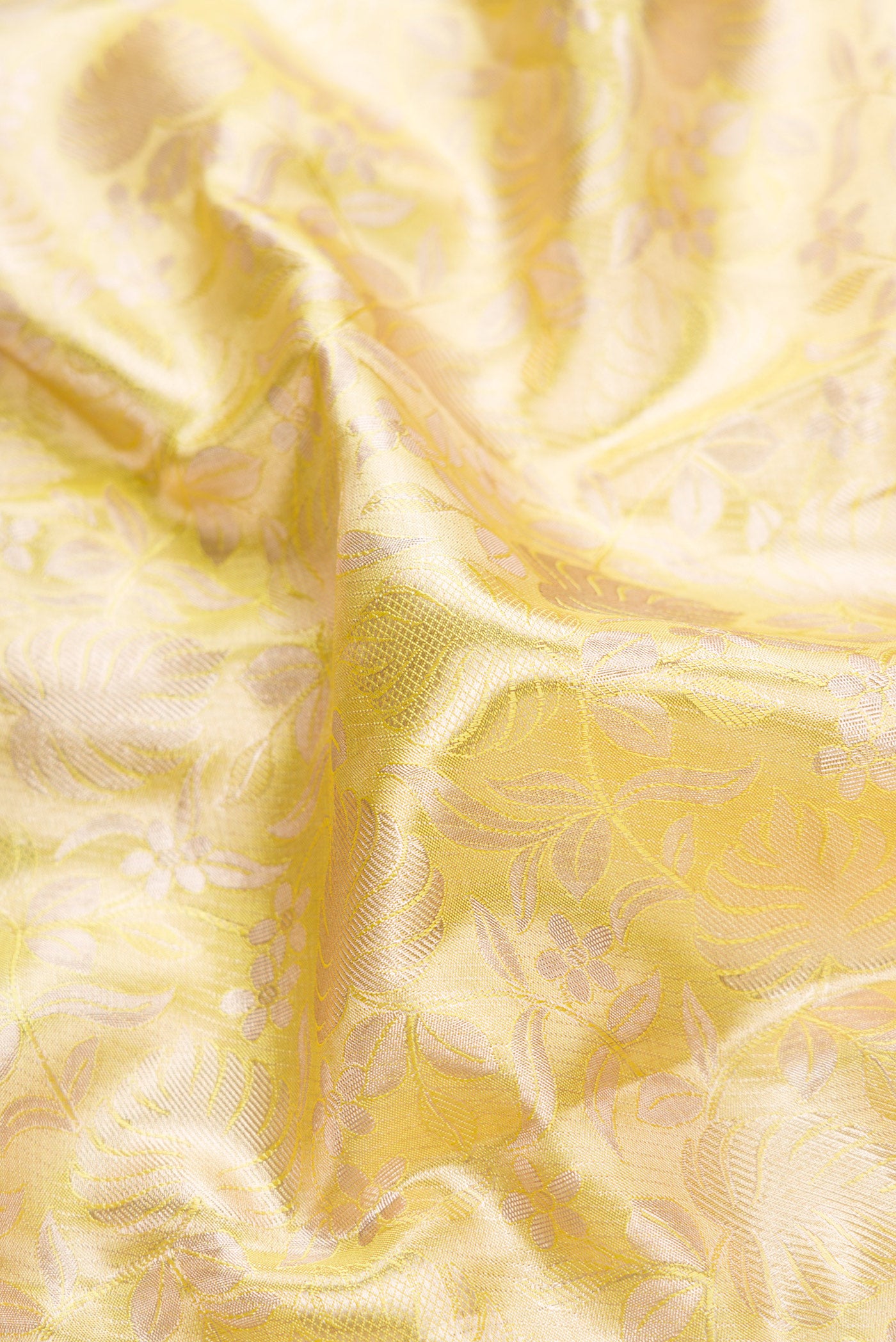 Close up of Lemon Yellow Dual Tone Kanchipuram Tissue Silk Saree with Zari Brocade on the body and Zari Border.  displaying folds