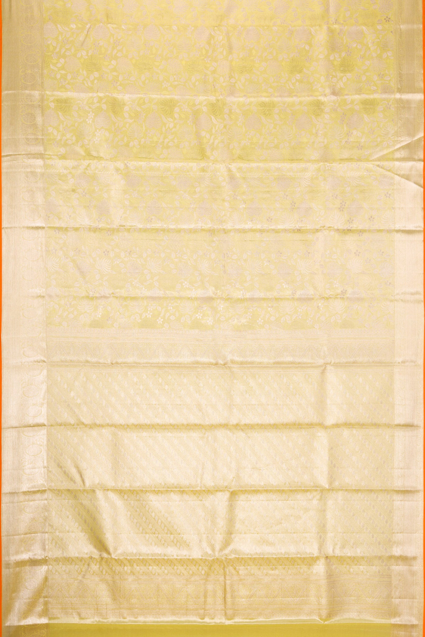 Flat view of Lemon Yellow Dual Tone Kanchipuram Tissue Silk Saree with Zari Brocade on the body and Zari Border. 