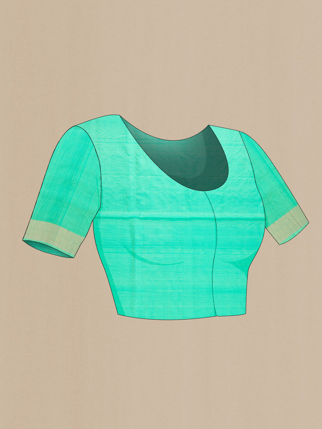 Close up image of the blouse of Sea Green Dual Tone Soft Silk Saree with Zari Butta on the body and Zari Border. 