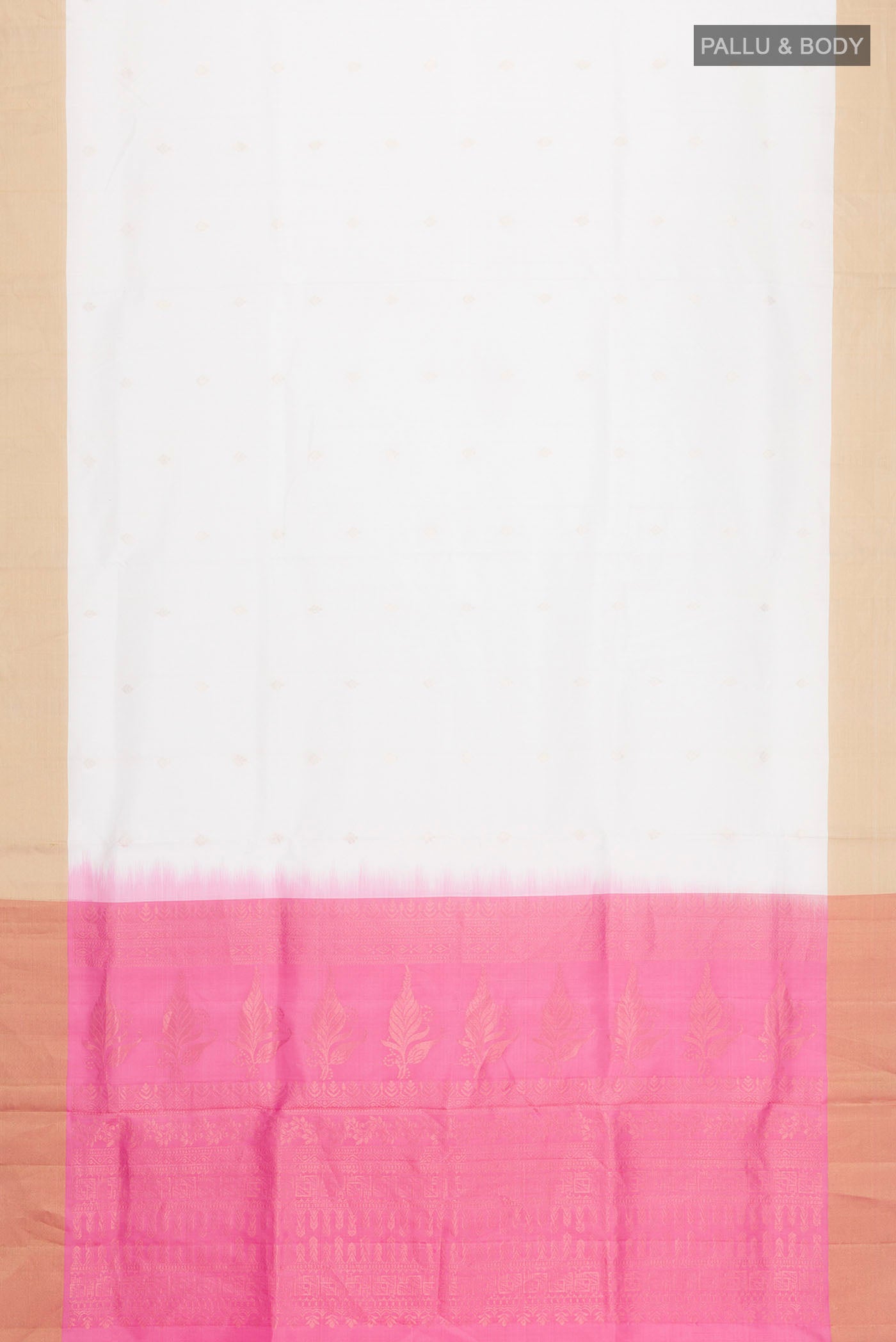 Flat view of White Soft Silk Saree with Zari Butta on the body and Zari Border