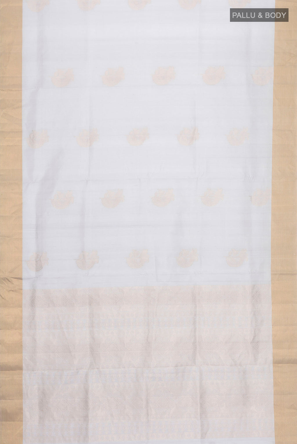 Flat view of Light Blue Soft Silk Saree with Zari Butta on the body and Zari Border