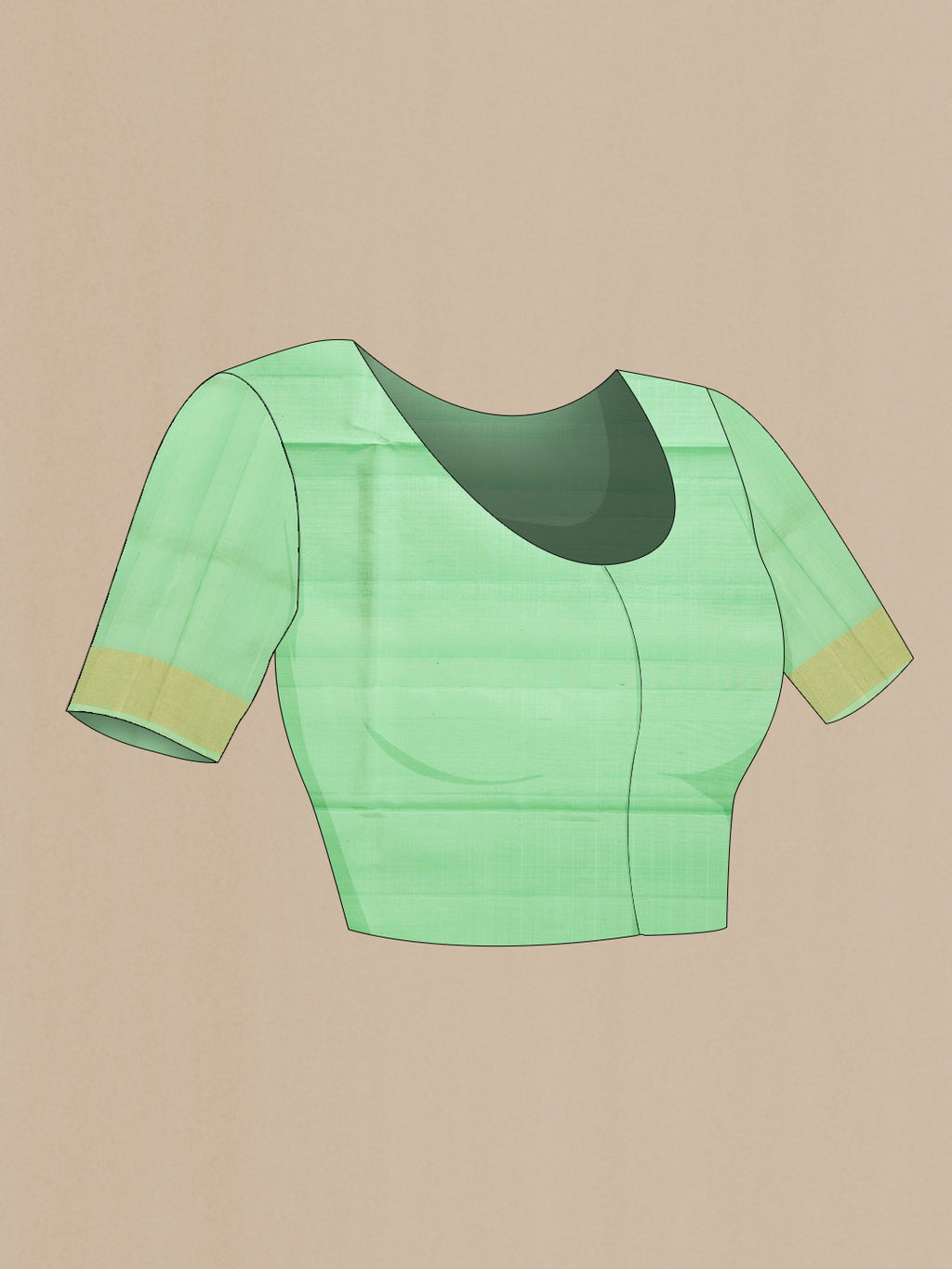 Close up image of the blouse of Pista Green Dual Tone Soft Silk Saree with Zari Butta on the body and Zari Border