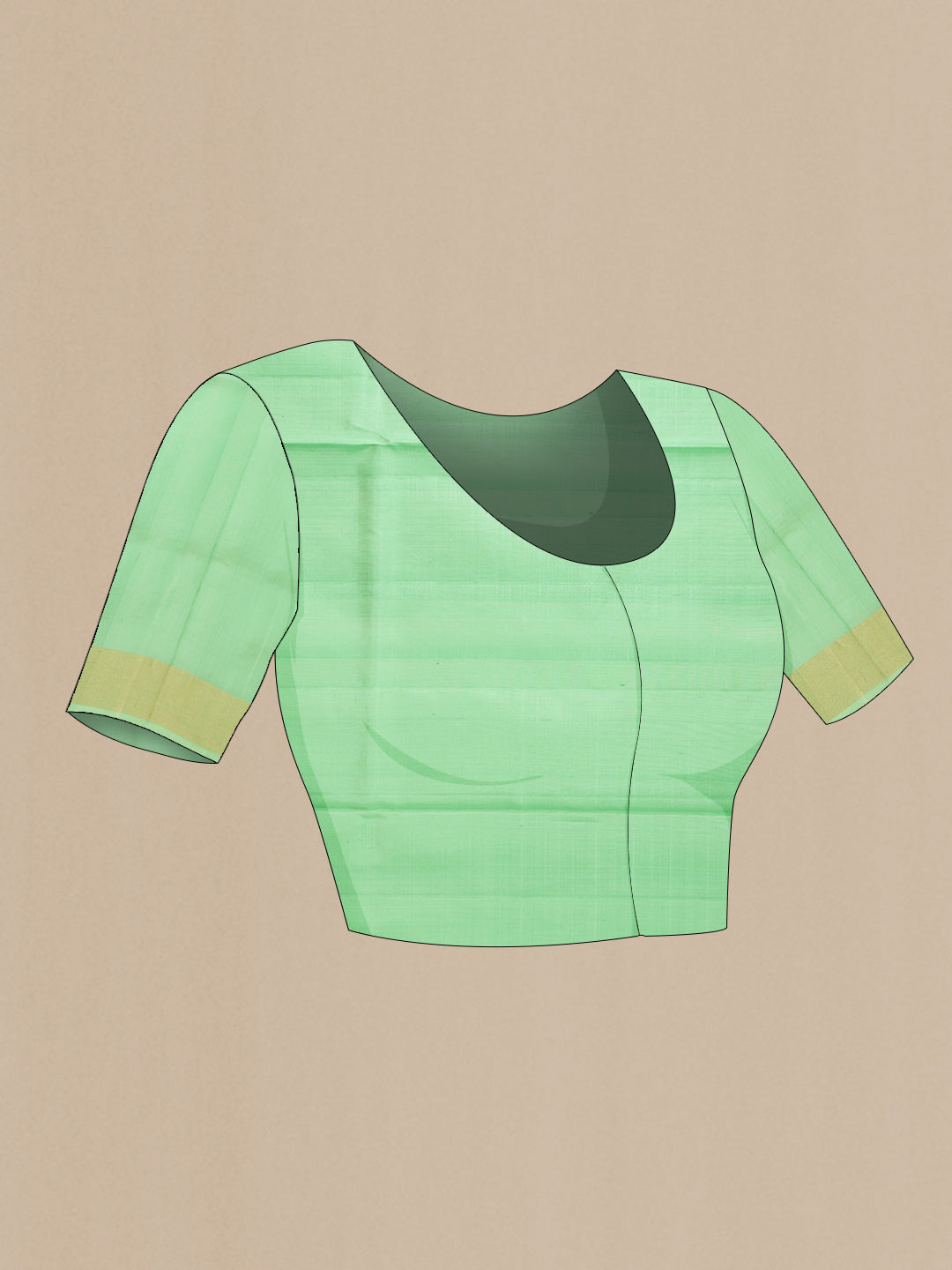 Close up image of the blouse of Pista Green Dual Tone Soft Silk Saree with Zari Butta on the body and Zari Border