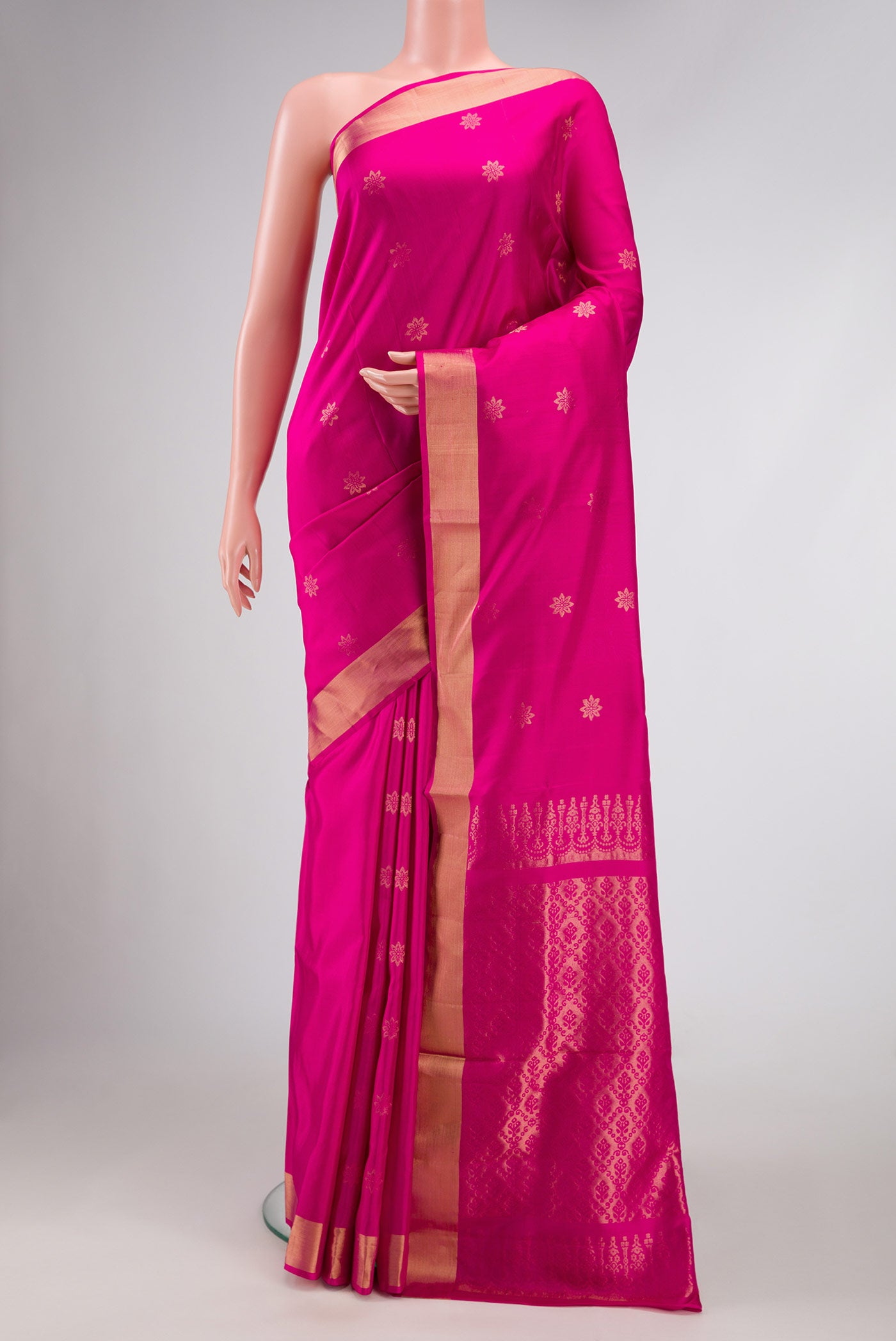 Pink Dual Tone Soft Silk Saree with Zari Butta on the body and Zari Border.  displayed on a mannequin