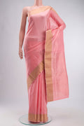 Rose pink Soft Silk Saree with Zari Butta on the body and Zari Border displayed on a mannequin
