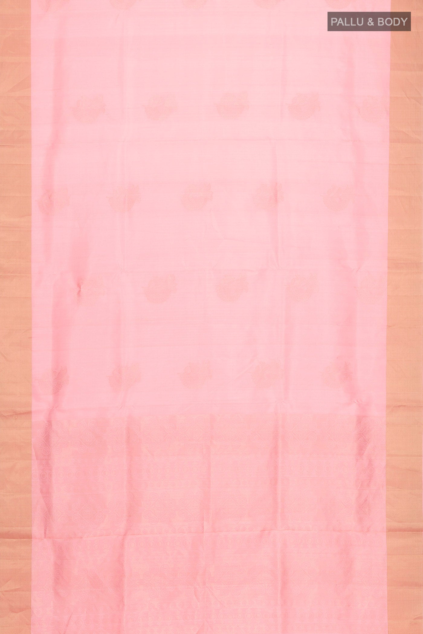 Flat view of Rose pink Soft Silk Saree with Zari Butta on the body and Zari Border