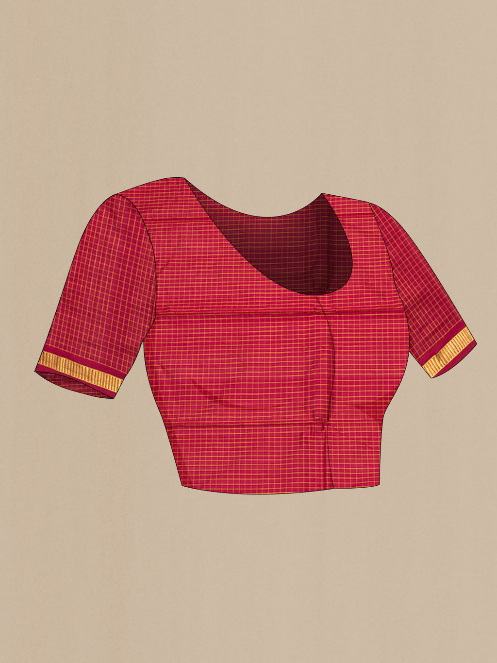 Close up image of the blouse of Maroon Kanjivaram Silk Saree with Checked design on the body and Zari Border. 